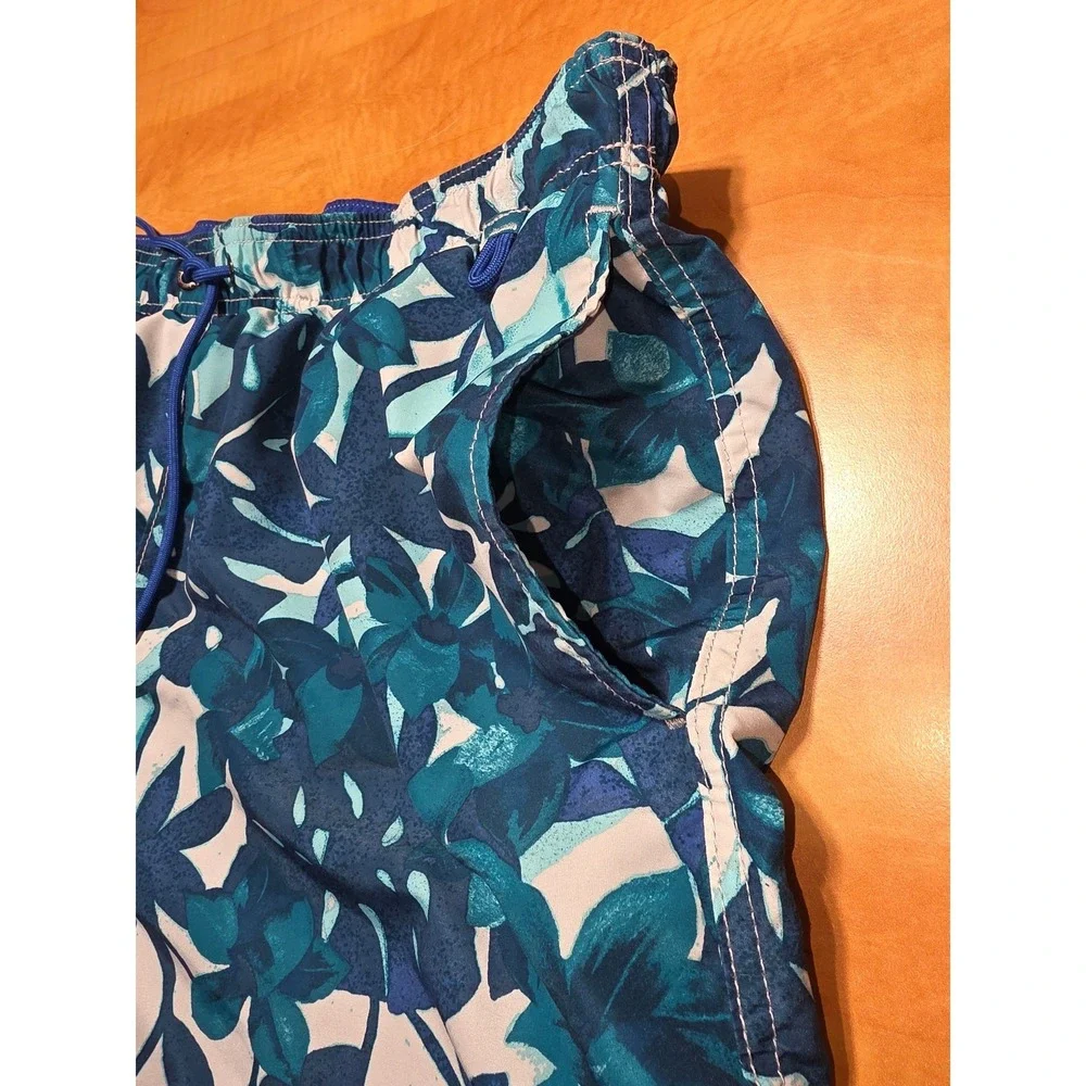 Lands End Mens Tropical Floral Swim Trunks Blue Teal Monstera Board Shorts Med